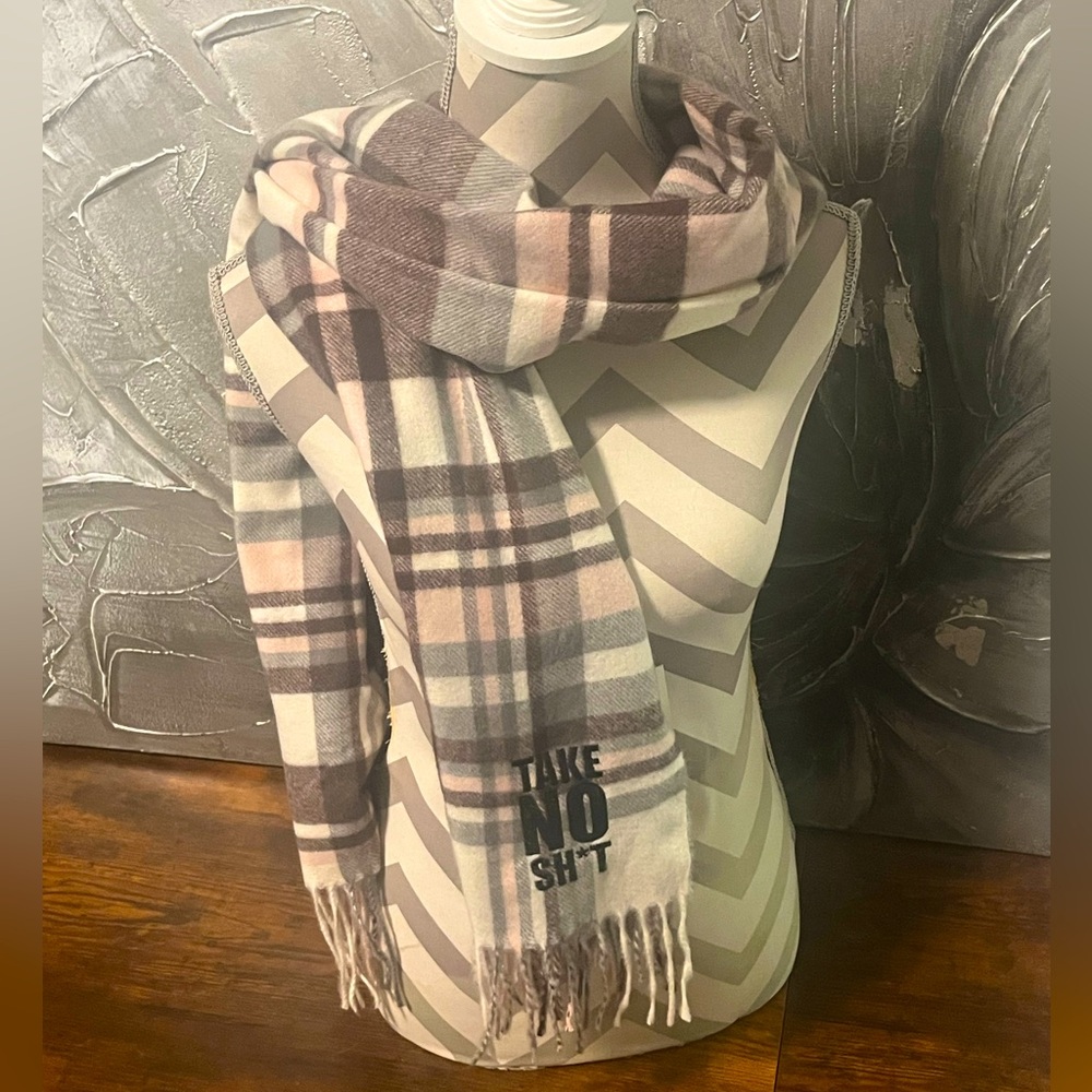 Attic Salt Take No Sh*t Pink Plaid Large 25X80in Blanket Scarf Wrap Shawl -New